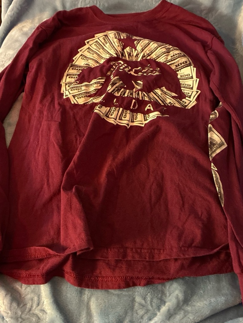 Long-Sleeve Graphic Tee in Burgundy with Gold Money Print